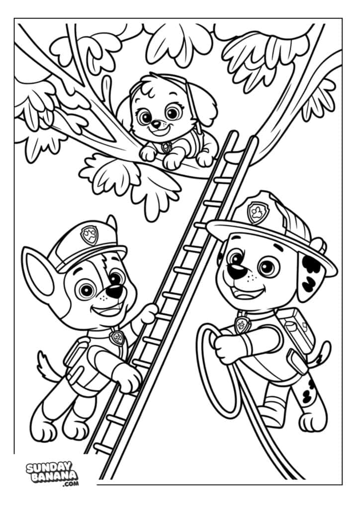 Chase and Marshall Saving a pup stuck on a tree with ladder and rope Paw Patrol coloring page