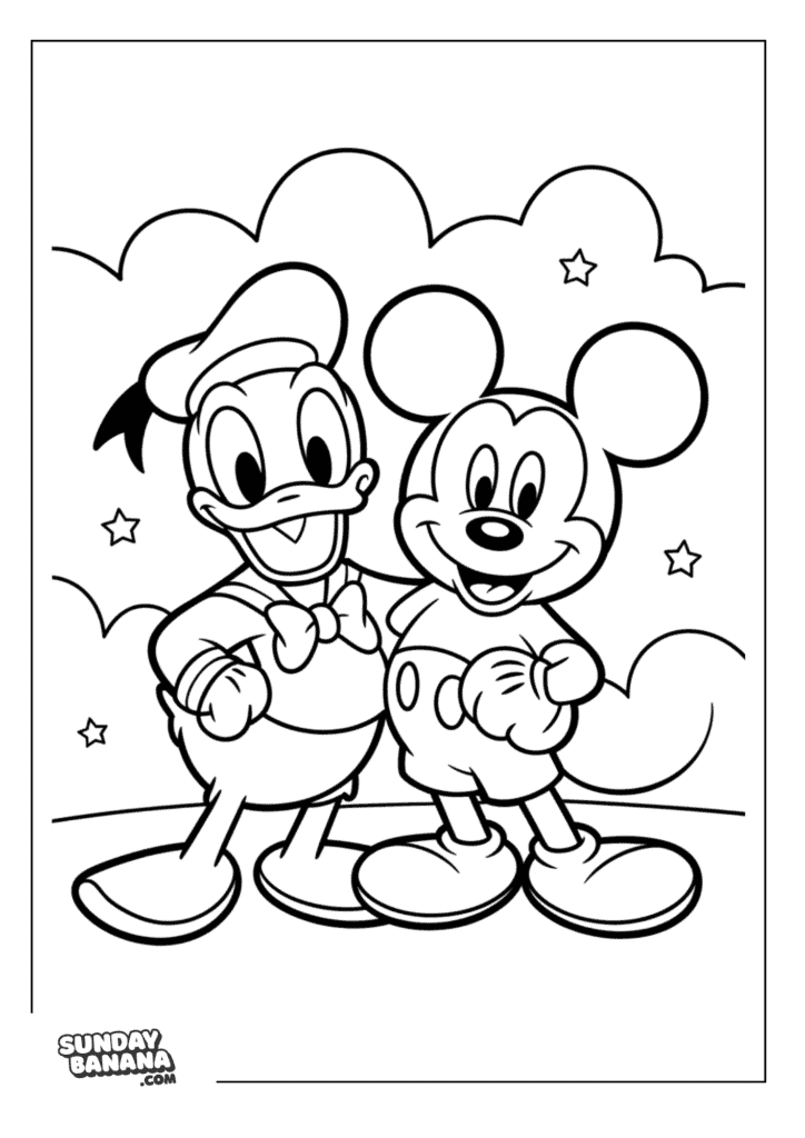 Donald Duck and Mickey Mouse best friends posh with clouds background coloring page for kids