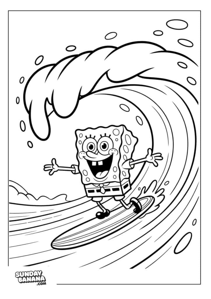 Spongebob surfing wave with arms wide open coloring page