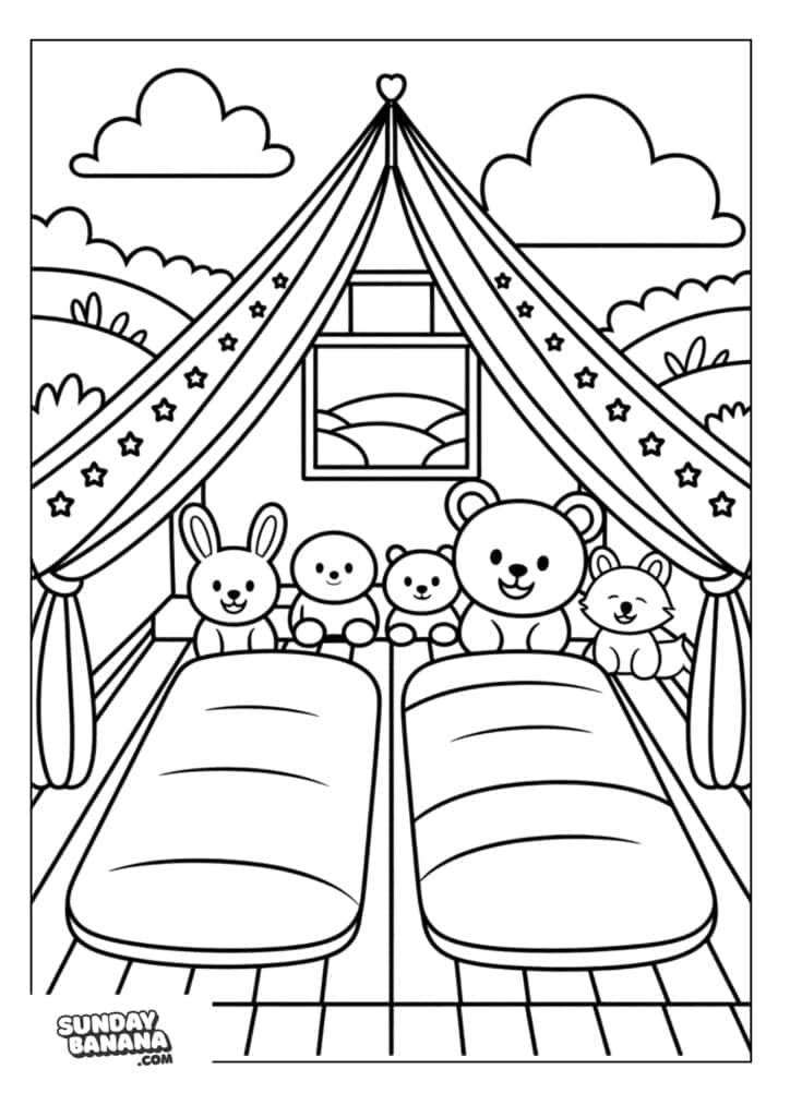 Tent interior with sleeping bags and cute stuffed toys camping coloring page