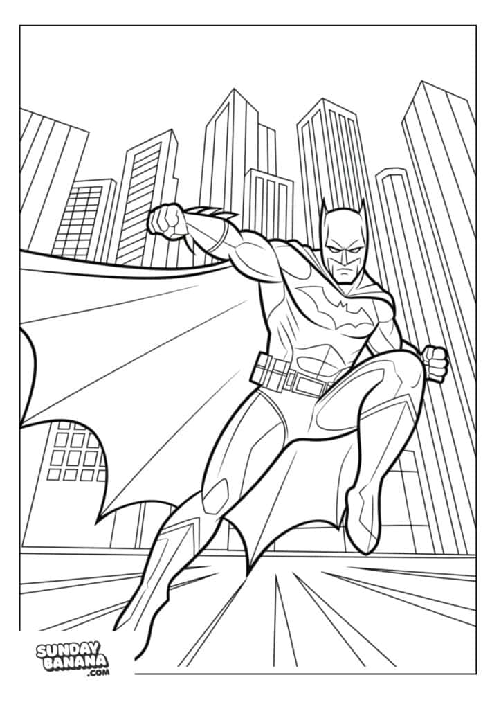 Batman throwing a punch with city background coloring page
