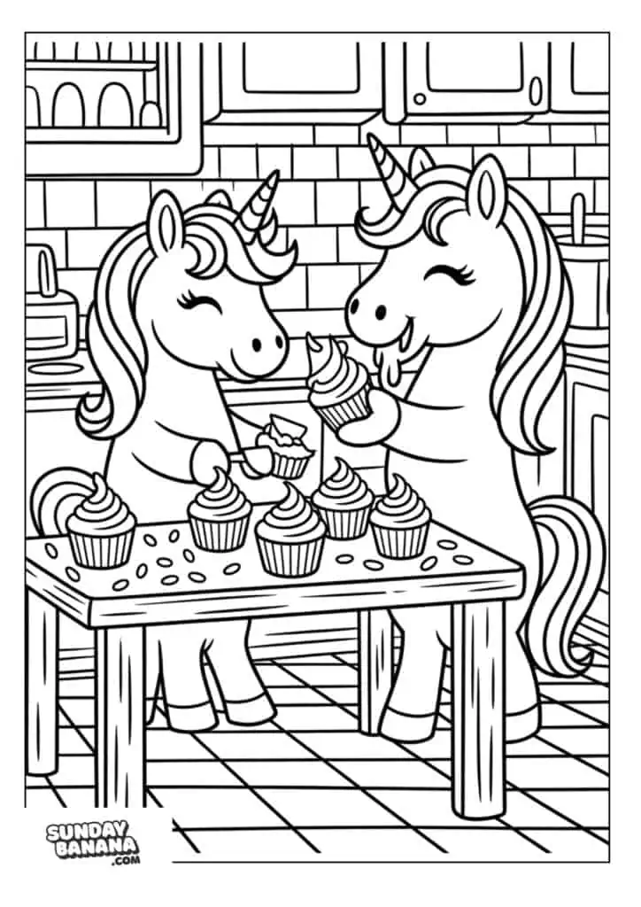 Two unicorns baking cupcakes and eating them in kitchen setting coloring page