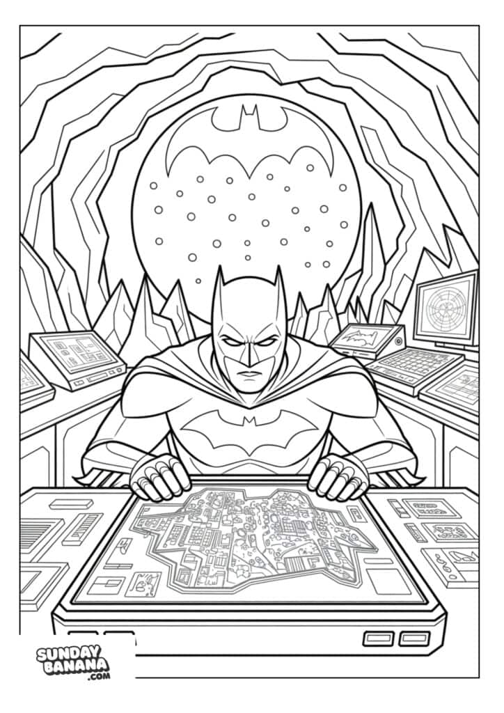 Batman in his bat cave analyzing crime scene on hi-tech computer coloring page