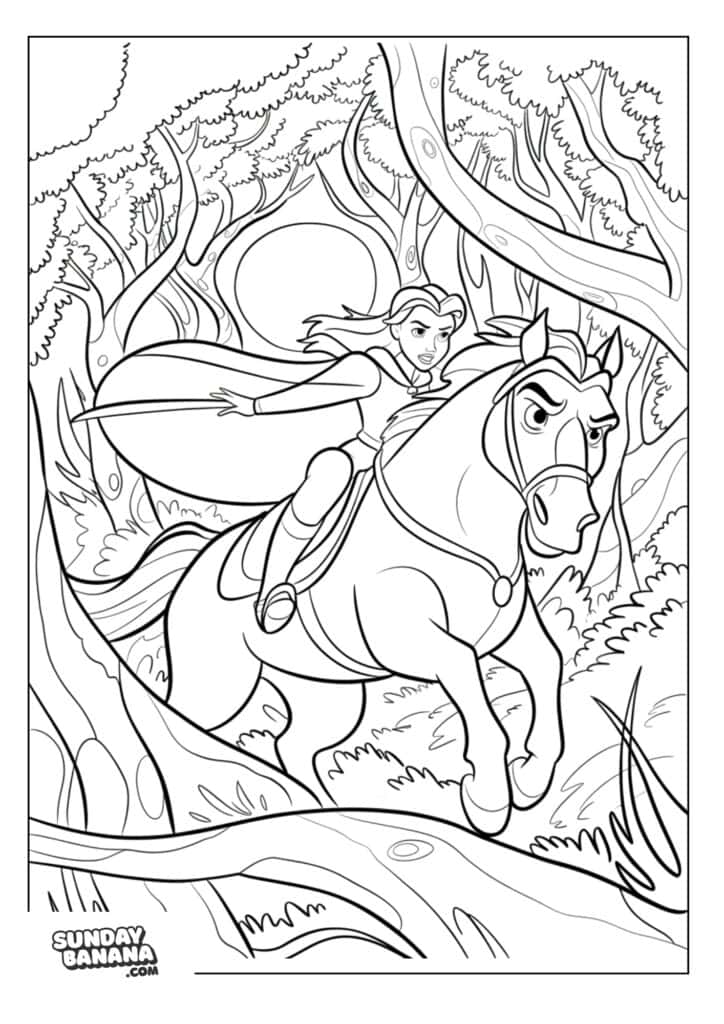 Belle escaping on Philippe through forest coloring page