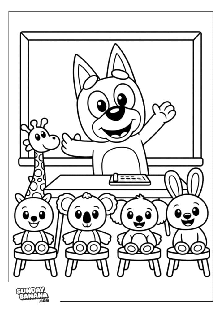 Bluey playing teacher with stuffed toys as students coloring page