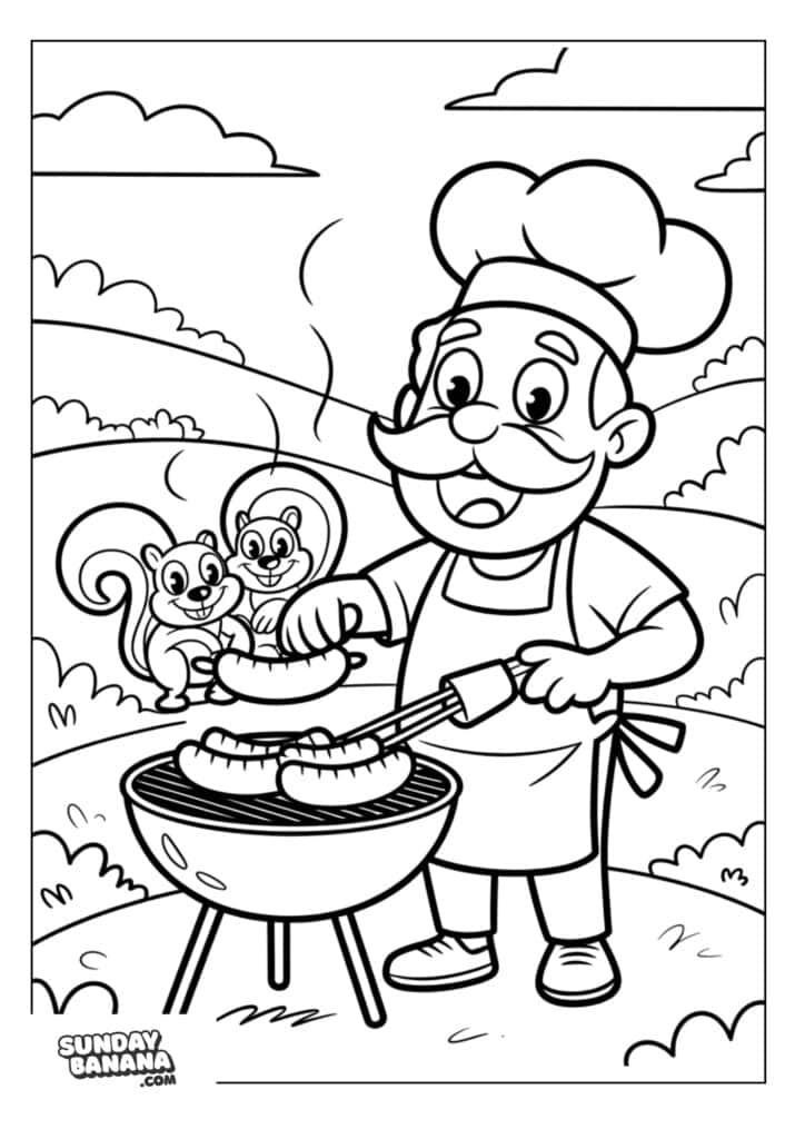 Dad with big moustache and chef hat grilling sausages with two squirrels watching camping coloring page