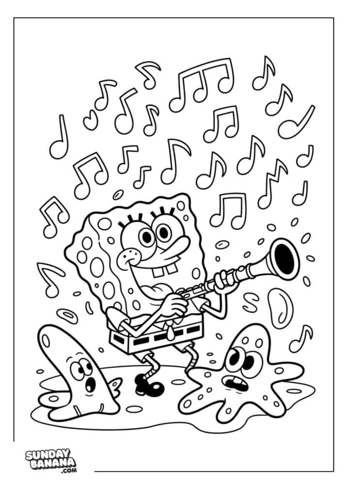 Spongebob playing clarinet badly coloring page