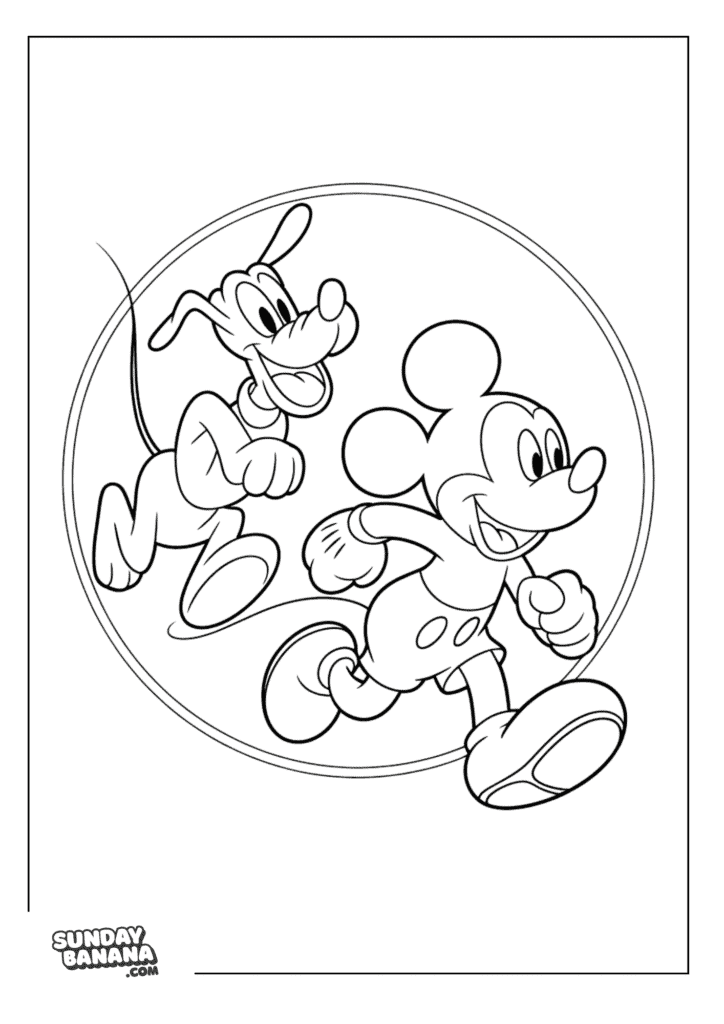Pluto chasing Mickey Mouse with a circle frame coloring page
