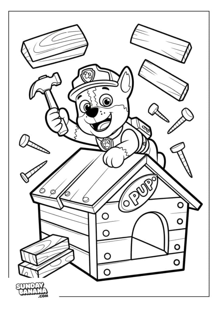 Rubble building a doghouse with wood, hammer and nails around Paw Patrol coloring page
