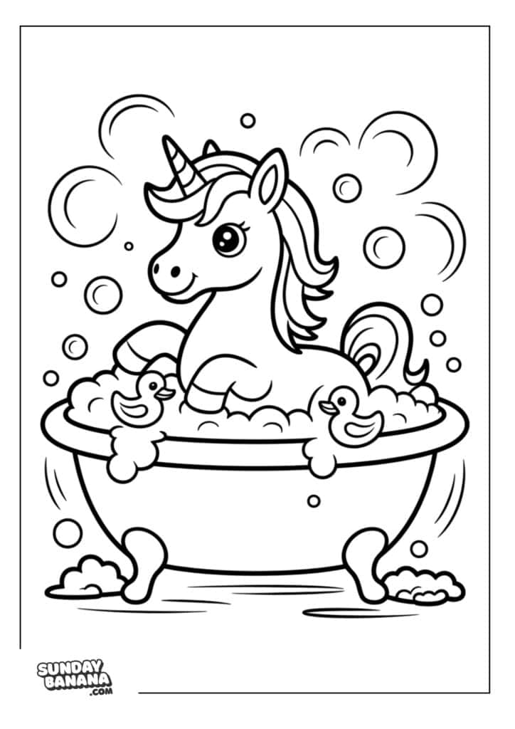 Unicorn bathing in a bath tub with rubber ducks and bubbles coloring page