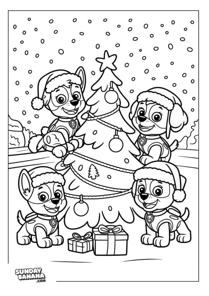 Pups decorating christmas tree outside snowing wearing santa hat Paw Patrol coloring page