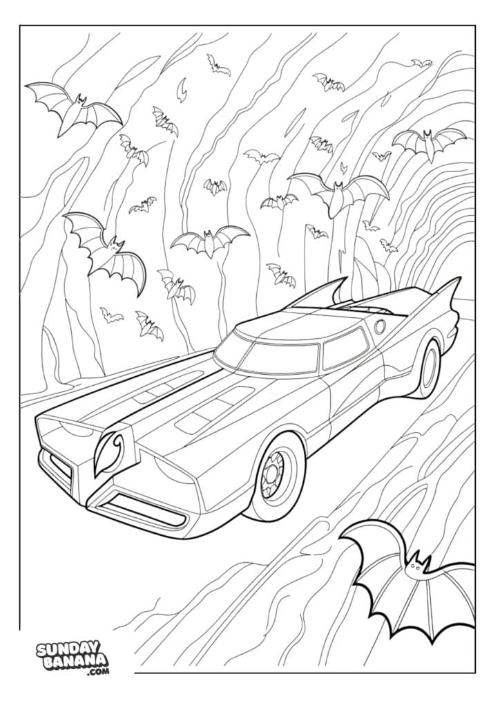 Bat mobile going into bat cave with bats flying around coloring page