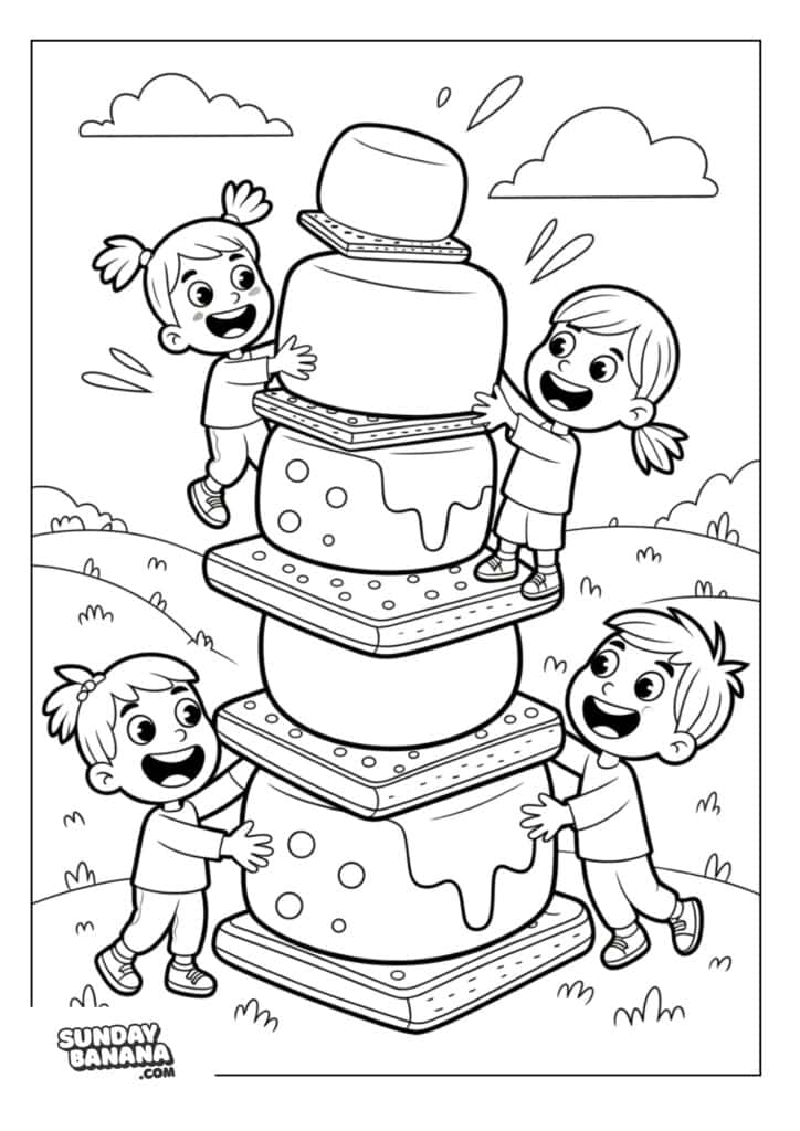 Children building giant smores tower camping coloring page