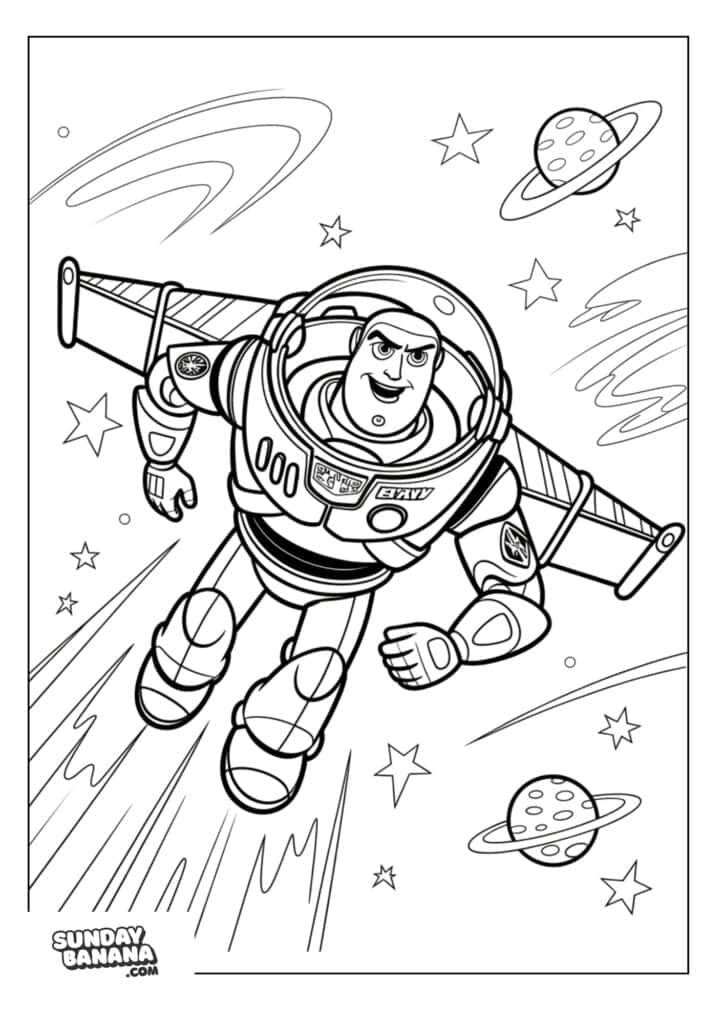 Buzz Lightyear flying in space Toy Story coloring page
