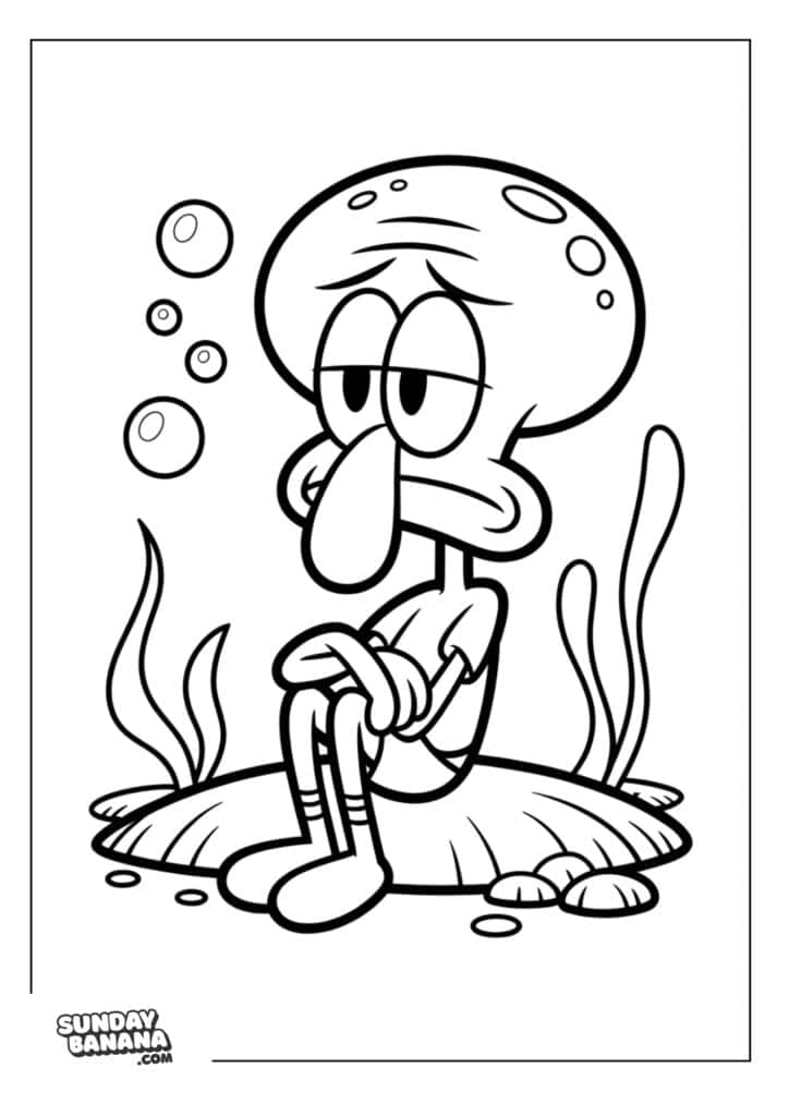 Squidward looking grumpy and sad Spongebob coloring page