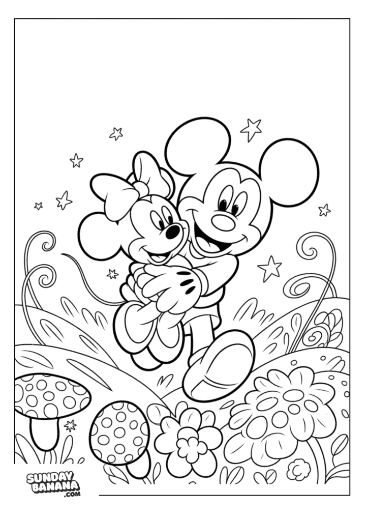 Mickey Mouse carrying Minnie Mouse running through flowers and mushroom garden coloring page