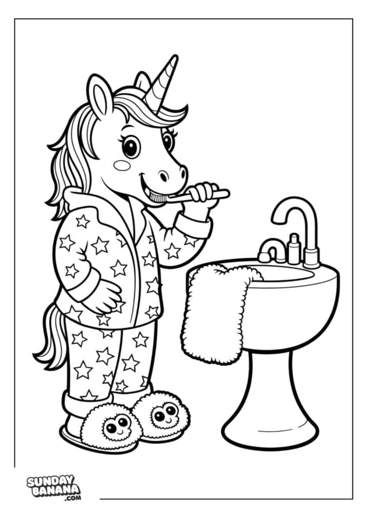 Unicorn wearing star pajamas and cute night slippers brushing her teeth in front of a water basin sink unicorn coloring page