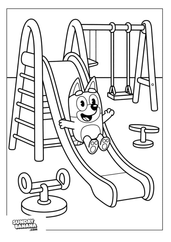 Bluey going down a slide coloring page