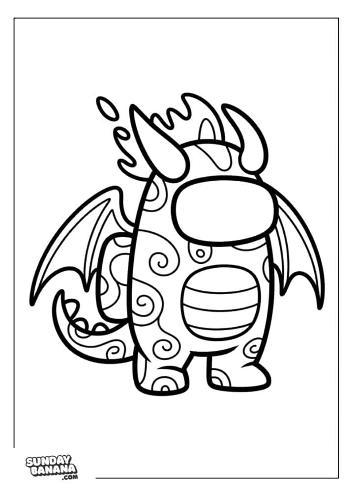 Crewmate wearing dragon costume with horns and wings Among Us coloring page