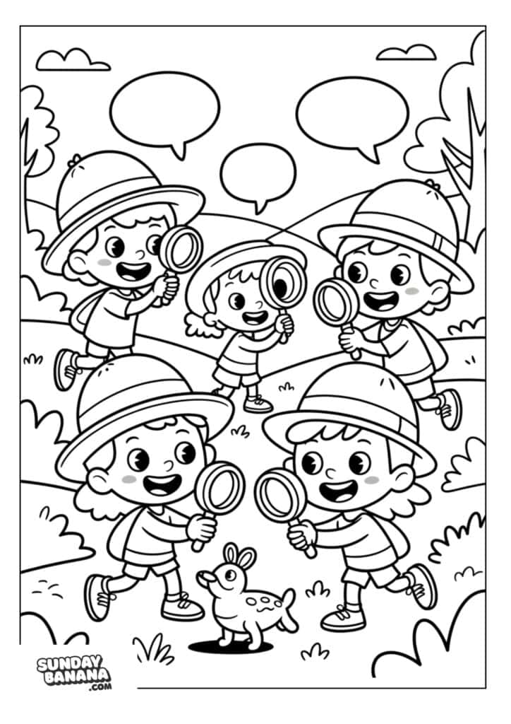 Children with explorer hat and magnifying glass hunting for bugs camping coloring page