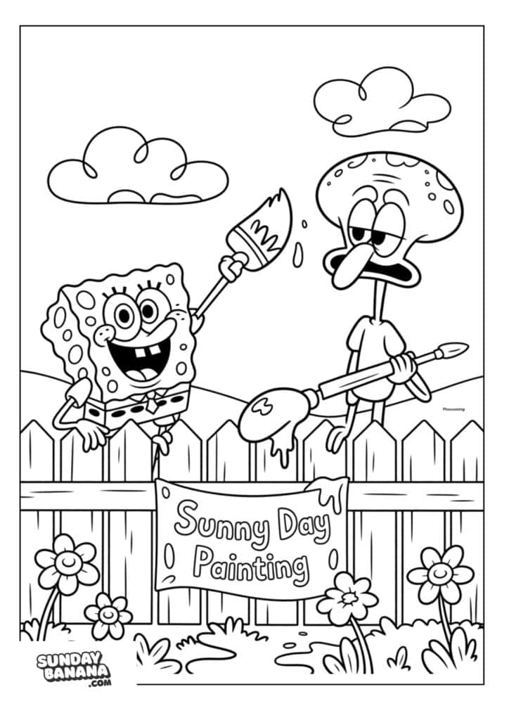 Spongebob and Squidward painting fence with banner saying Sunny Day Painting coloring page