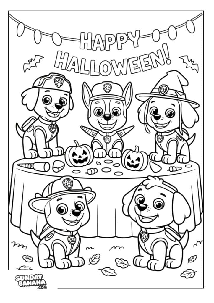 Pups in Halloween costume celebrating Halloween with pumpkins, autumn leaves and candy corn Paw Patrol coloring page