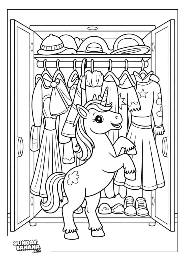 Unicorn happy standing on hind legs in front of her wardrobe filled with costumes, hats and shoes coloring page