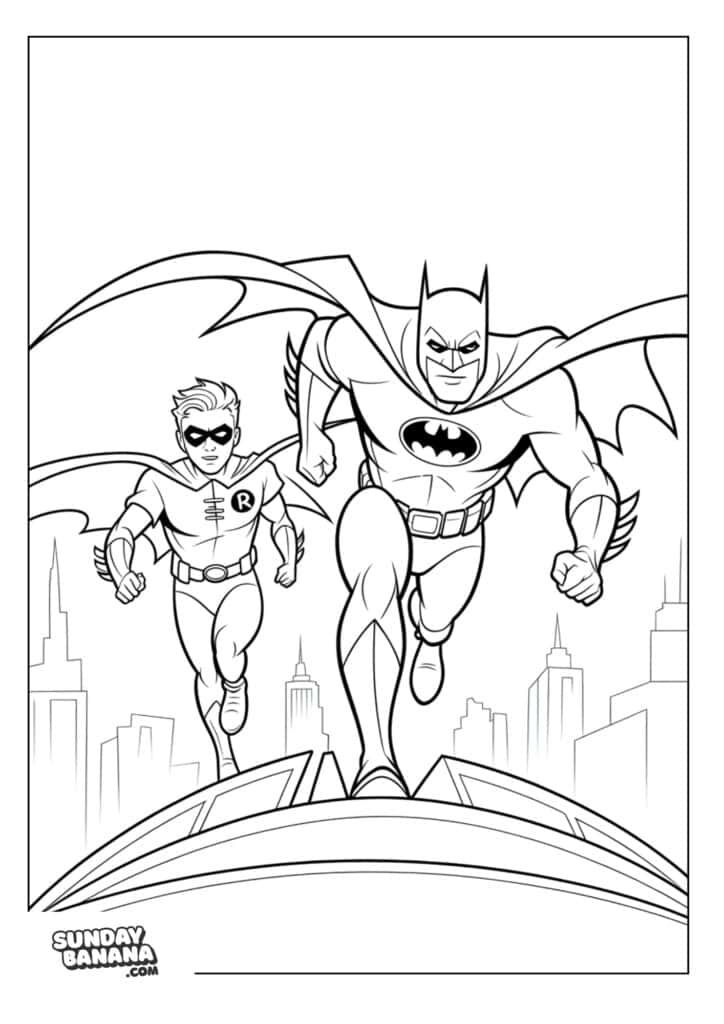 Batman and Robin running into action coloring page