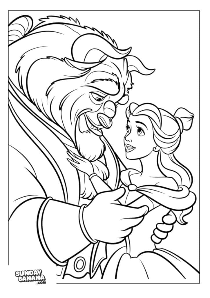 Belle saying goodbye to Beast in sweet embrace coloring page