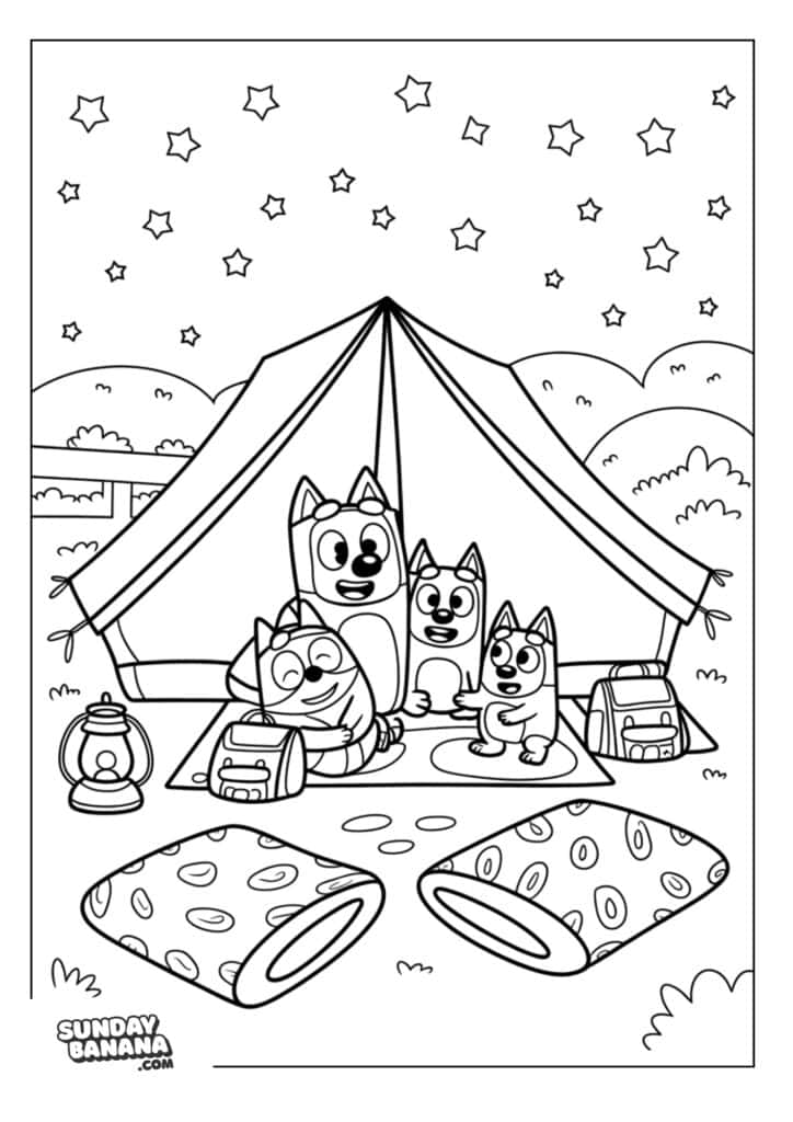 Heeler family backyard camping with tent, pillows, bags and lantern under a starry night sky coloring page