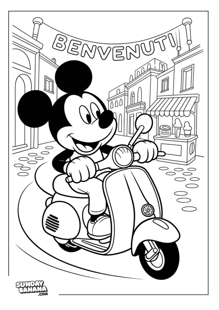 Mickey Mouse riding scooter in Italian village with Benvenuti banner on top coloring page