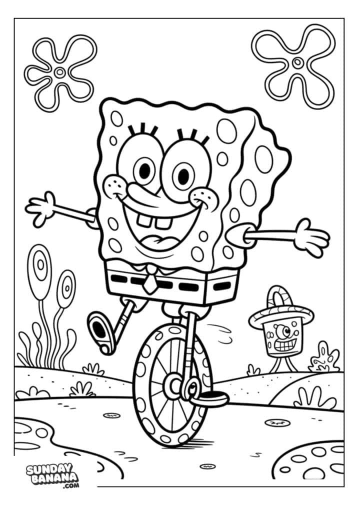 Spongebob riding on unicycle through Bikini Bottom coloring page