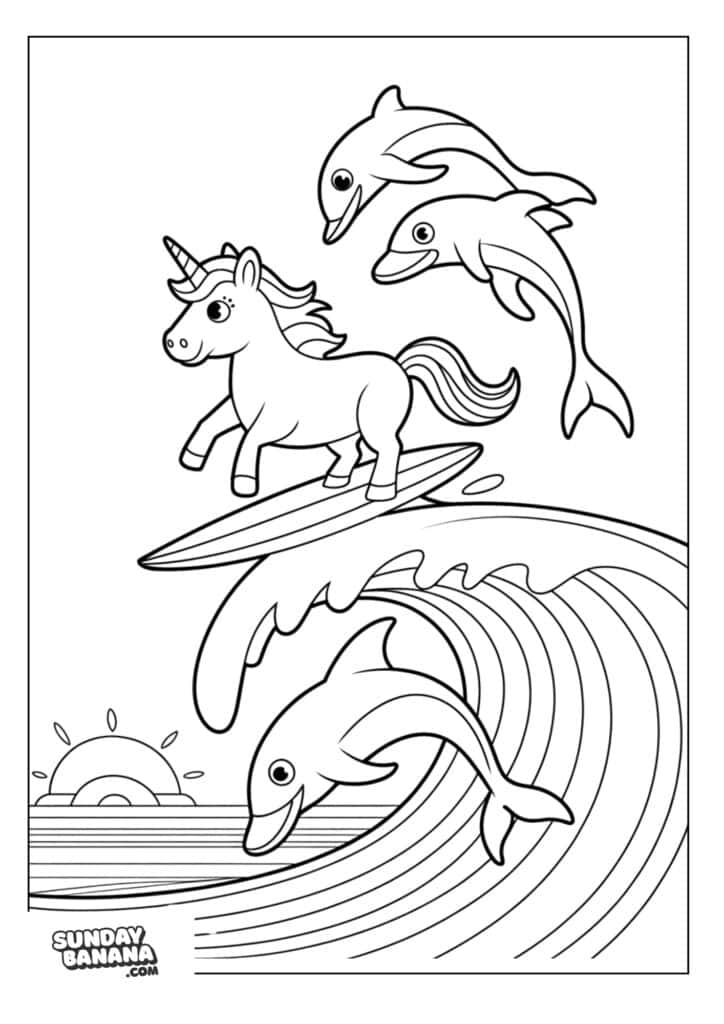 Unicorn surfing on surfboard on a wave with dolphins coloring page