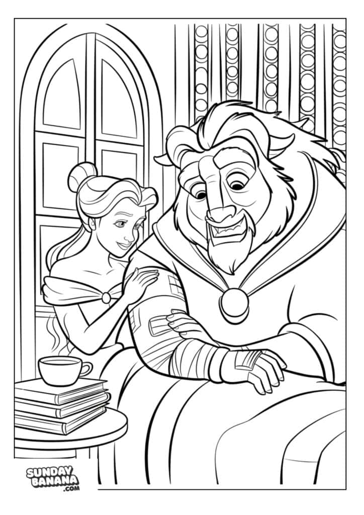 Belle caring for wounded Beast coloring page