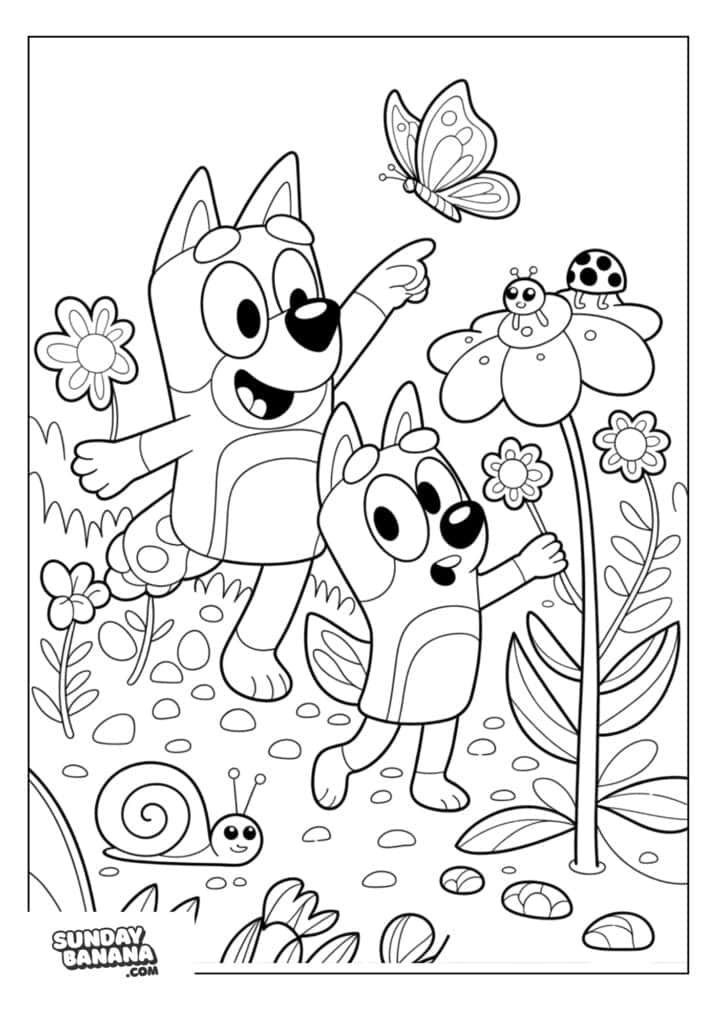 Bluey and Bingo garden exploration with bugs and flowers coloring page