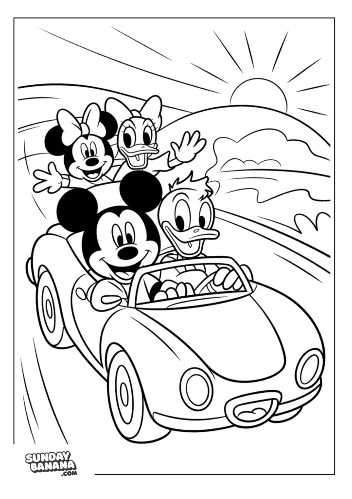 Mickey Mouse, Donald Duck, Minnie Mouse and Daisy Duck in convertible sports car road trip with sunset background coloring page