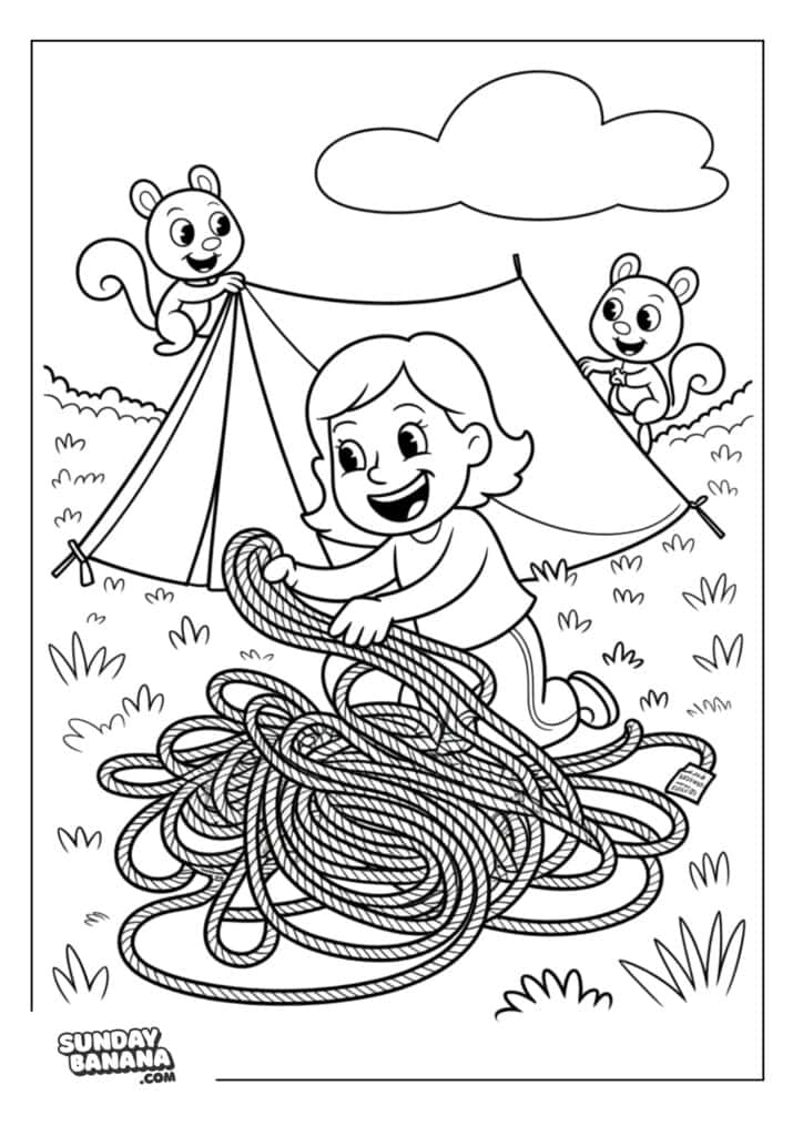 Mom struggling with camping rope coloring page