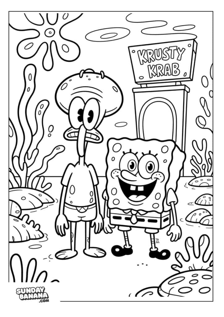 Squidward and Spongebob standing outside Krusty Krab coloring page