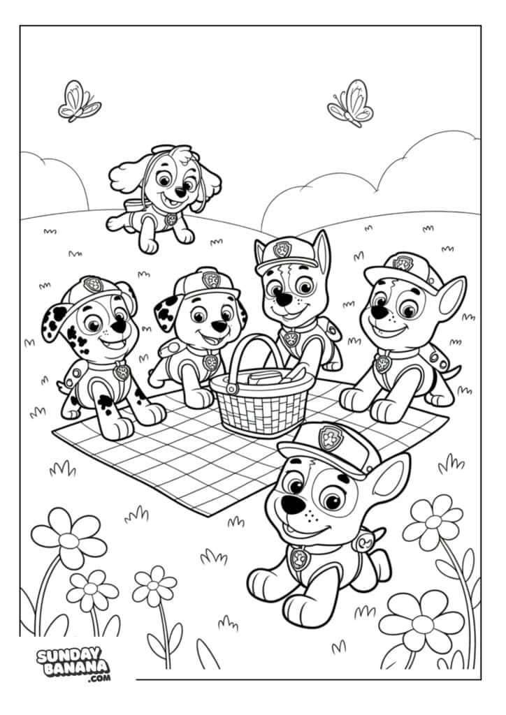 Pups having a picnic with flowers and butterflies around Paw Patrol coloring page