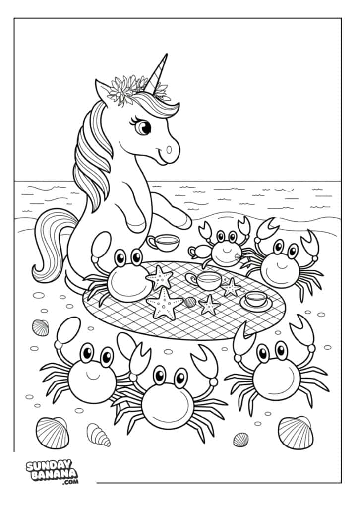Unicorn having a tea part with crabs and starfish at the beach coloring page