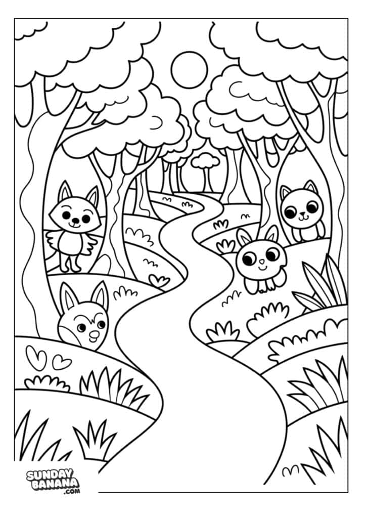 Cute animals peeking out on hiking trail camping coloring page