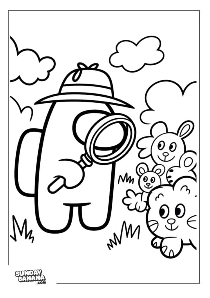 Crewmate examining local animals with magnifying glass Among Us coloring page