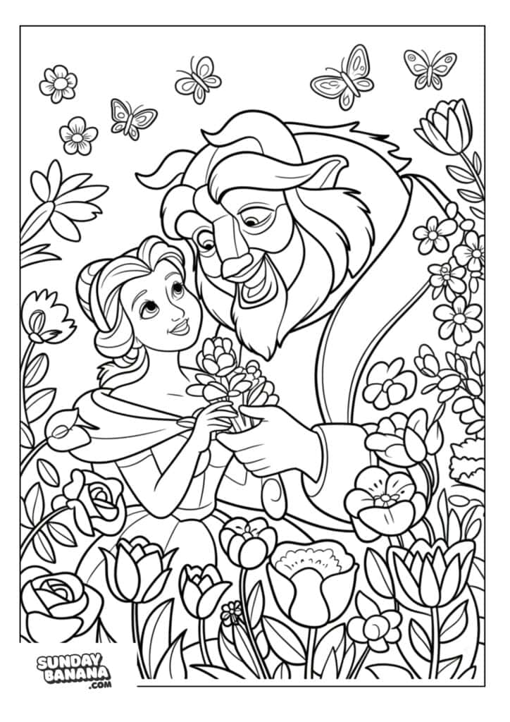 Belle and Beast looking lovingly into each other's eyes in rose garden coloring page