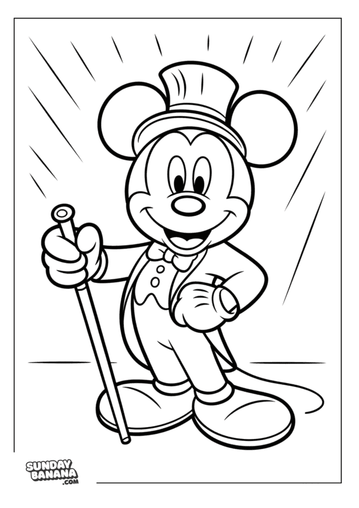 Mickey Mouse looking dapper in tuxedo, top hat holding cane coloring page