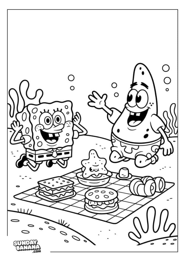 Spongebob and Patrick having picnic under the sea coloring page