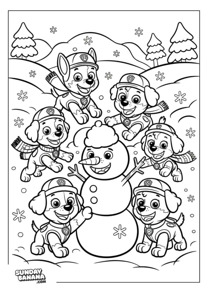 Pups building snowman outside in the snow wearing scarves Paw Patrol coloring page