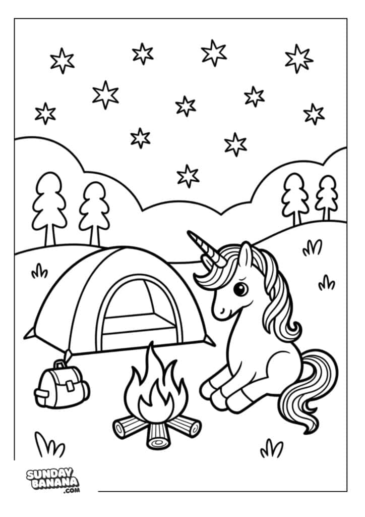 Unicorn solo camping with campfire, tent with stars shining in the night sky coloring page