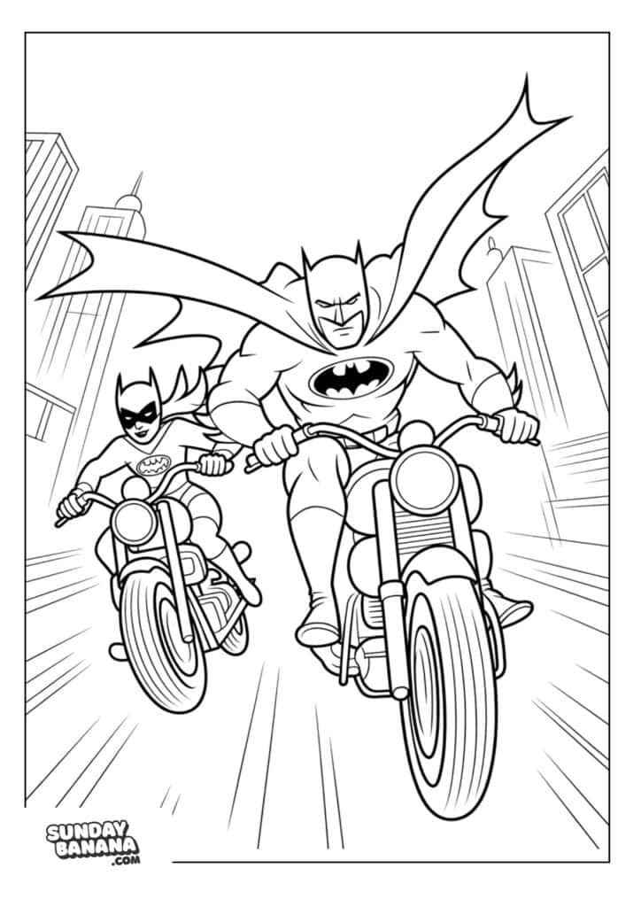 Batman and Batgirl on batcycle chase coloring page