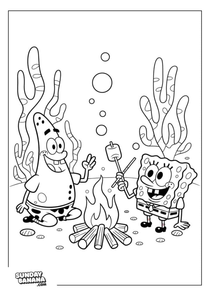 Patrick and Spongebob roasting marshmallows with campfire under the sea coloring page