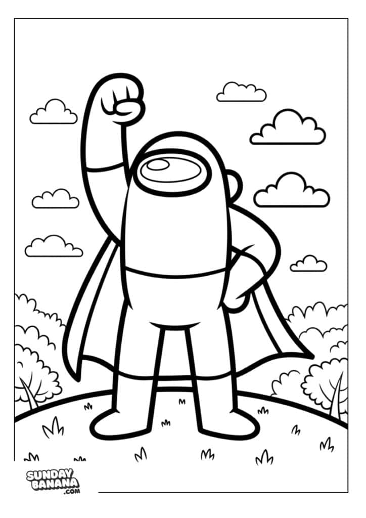 Crewmate dressed as superhero with cape in superhero pose Among Us coloring page